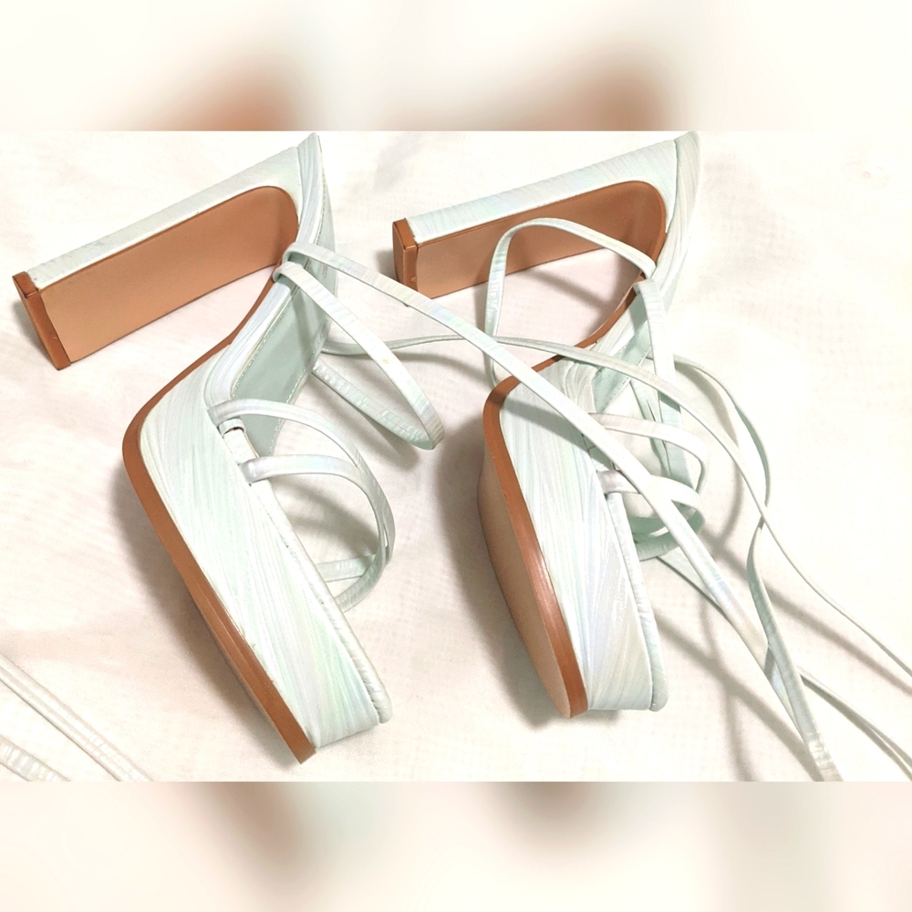 Public Desire Blue Iridescent Strappy Lace Up Thin Block Heel